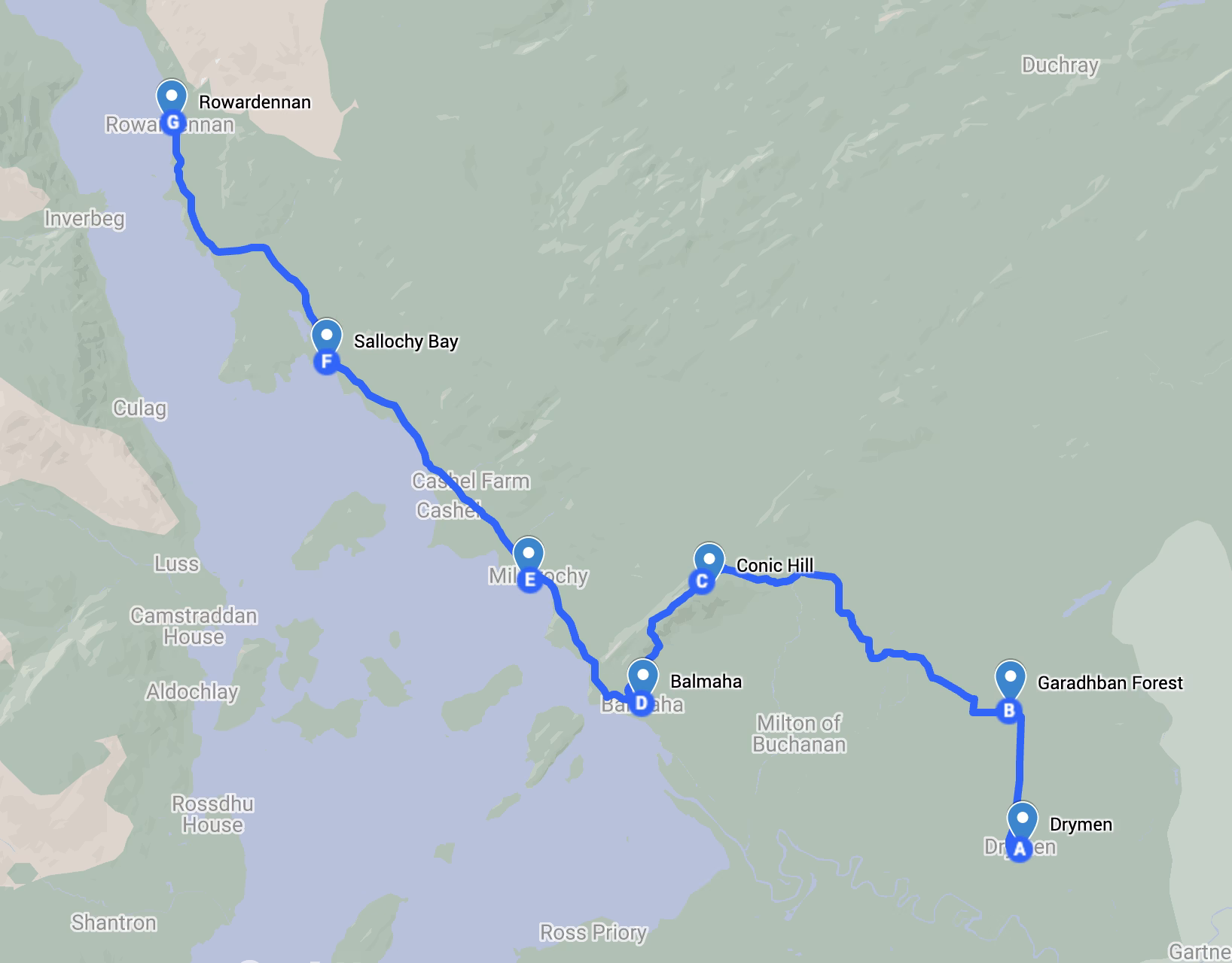 The route of day 2 of the West Highland Way hike in Scotland from Drymen to Rowardennan